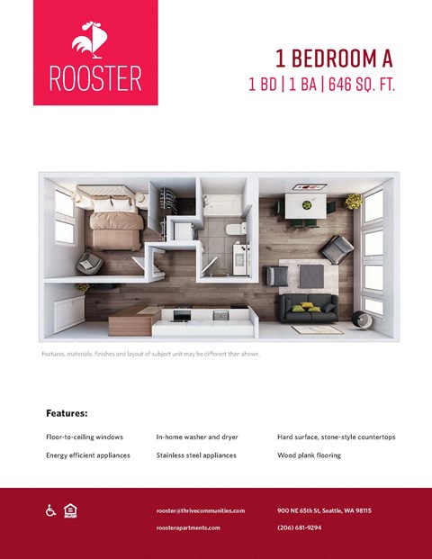 Floor plan for 1 bed, 1 bath, 646 sqft
